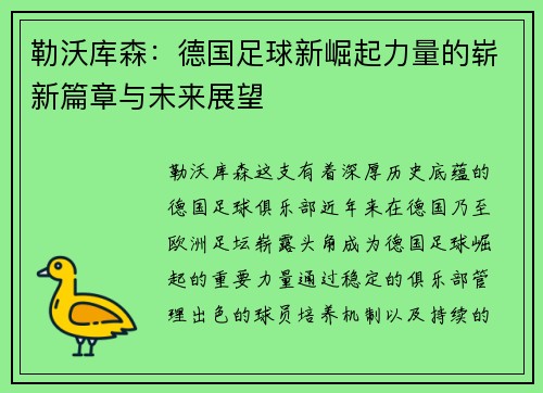 勒沃库森：德国足球新崛起力量的崭新篇章与未来展望